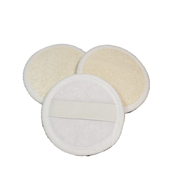 Three round luffa pads, two facing forward and one facing backward. The front is made of natural luffa, and the back is made of cottony fabric and has an elastic band for easy holding.