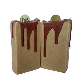 Two bars of Bloody Mary soap. The soap bars are tan with red drips running down them. A small round mirror sits on top. The mirror on the left soap bar shows a shadowy figure reaching up.