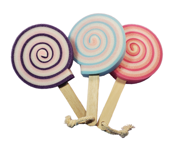 Three lollipop sponges, one purple, pink, and white swirled, one light blue, pink, and white swirled, and one pink, light pink, and white swirled. Each one is on a wooden stick with a looped rope on the end for easy hanging.
