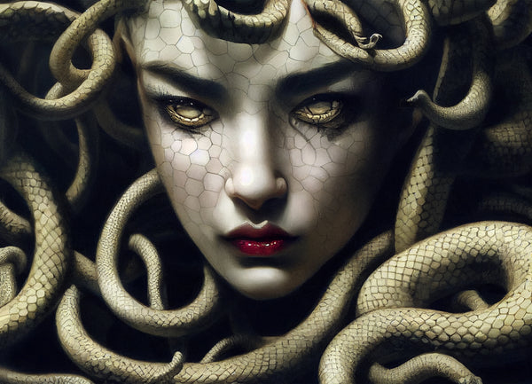 Medusa glares with glassy green eyes and snakes for hair