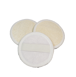 Three round luffa pads, two facing forward and one facing backward. The front is made of natural luffa, and the back is made of cottony fabric and has an elastic band for easy holding.