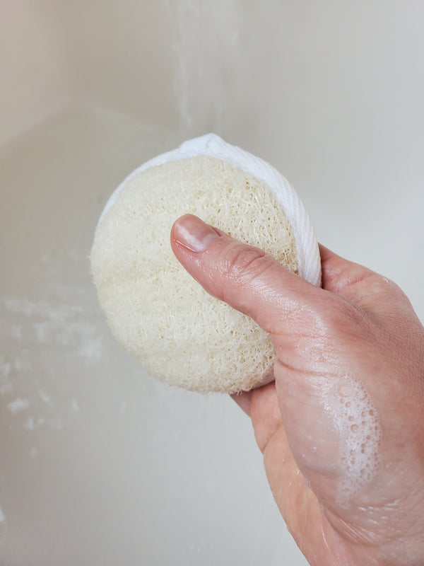 A photo of a wet luffa pad held in a soapy hand. The luffa has puffed up because it is wet.