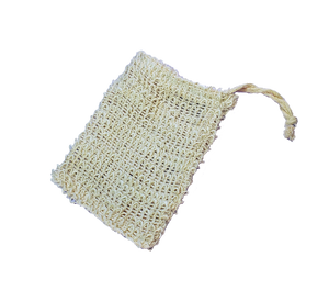 A sisal soap saver pouch, made of natural, beige fibers and a drawstring opening.