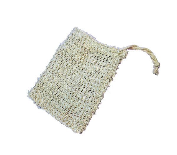 A sisal soap saver pouch, made of natural, beige fibers and a drawstring opening.